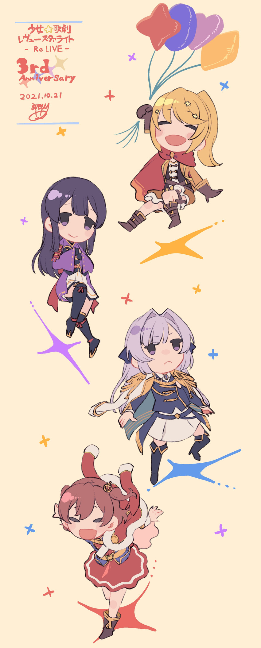 aijou karen, tomoe tamao, yukishiro akira, and ootsuki aruru (shoujo kageki revue starlight and 1 more) drawn by mirumiru