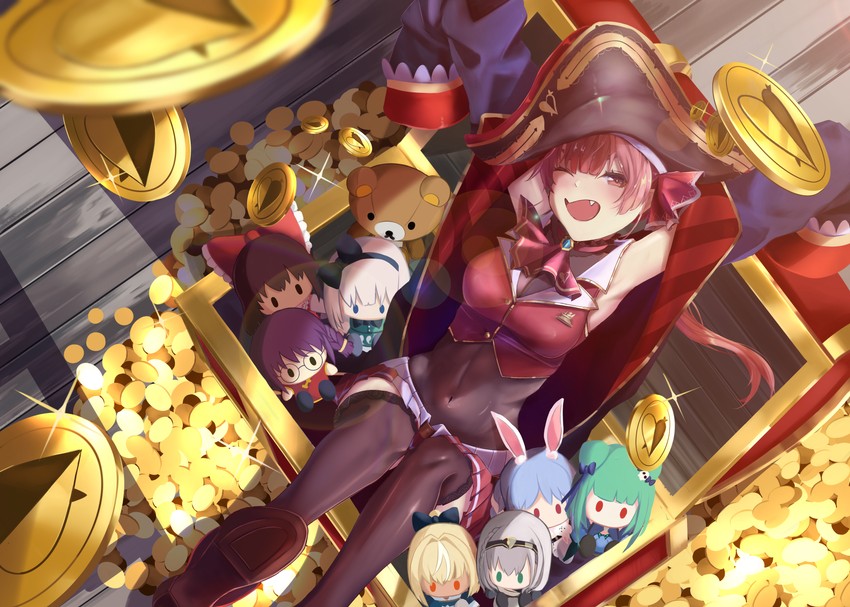 hakurei reimu, konpaku youmu, houshou marine, usada pekora, shirogane noel, and 3 more (touhou and 2 more) drawn by arenoyoni
