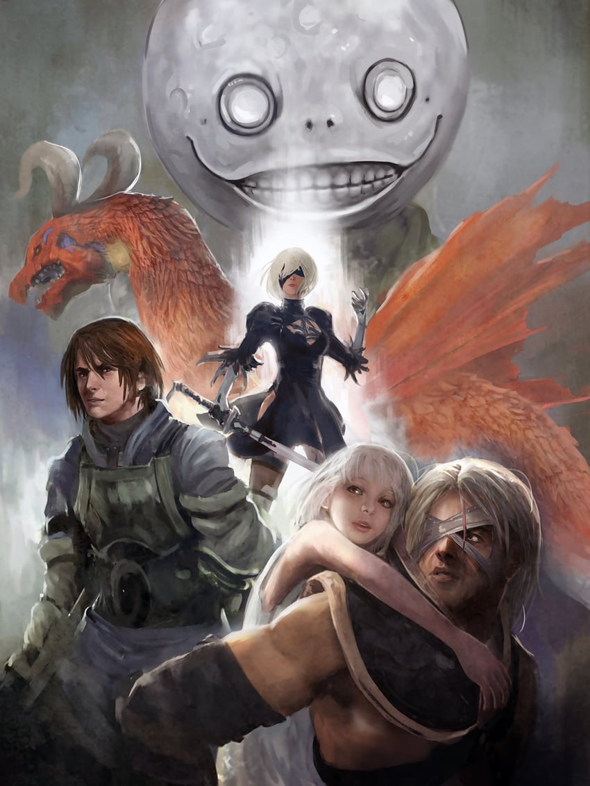 2b, emil, yonah, caim, angel, and 2 more (nier:automata and 3 more) drawn by art_of_papayou