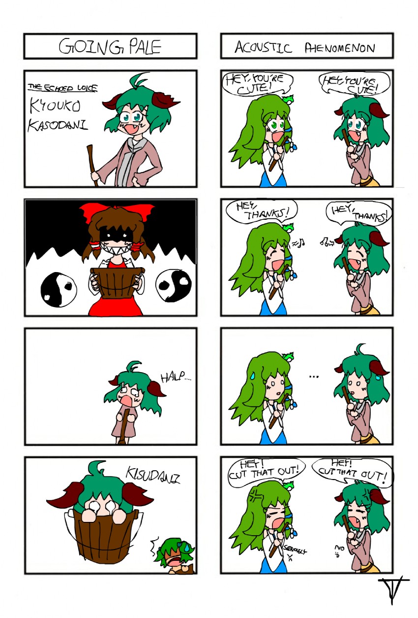 hakurei reimu, kochiya sanae, kasodani kyouko, and kisume (touhou) drawn by moxstic