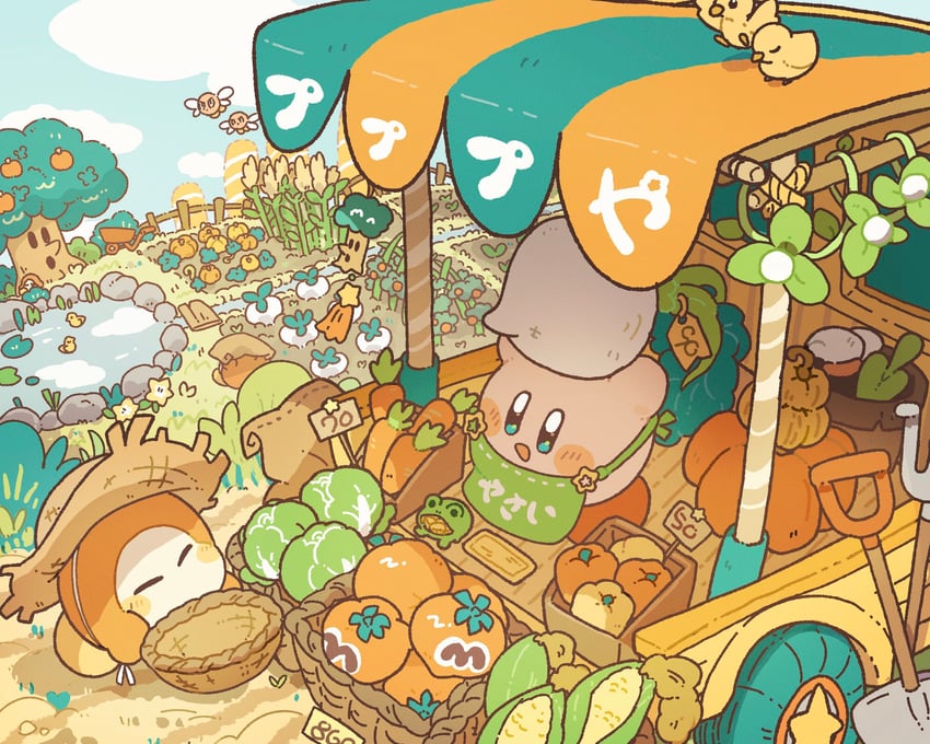 kirby, waddle dee, whispy woods, bronto burt, and mini whispy woods (kirby) drawn by harukui