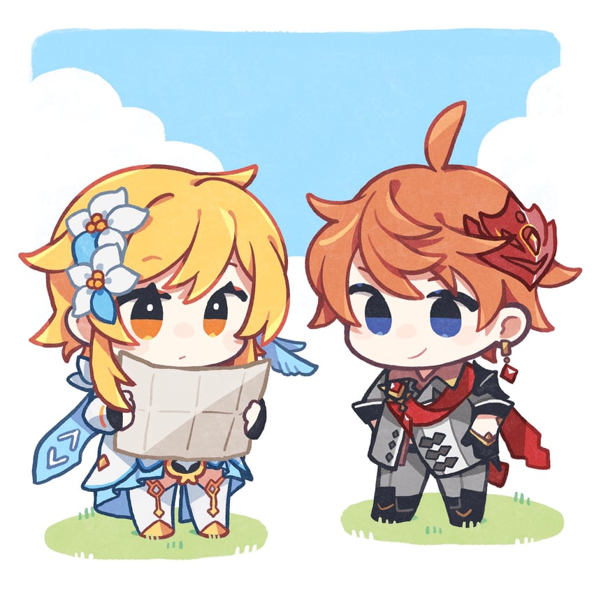 lumine and tartaglia (genshin impact) drawn by meshi_(gnsn)