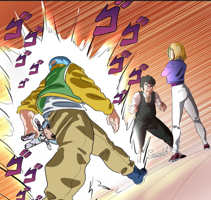 ayanami rei, android 18, kuririn, and rei chikita (jojo no kimyou na bouken and 4 more) drawn by sarulart