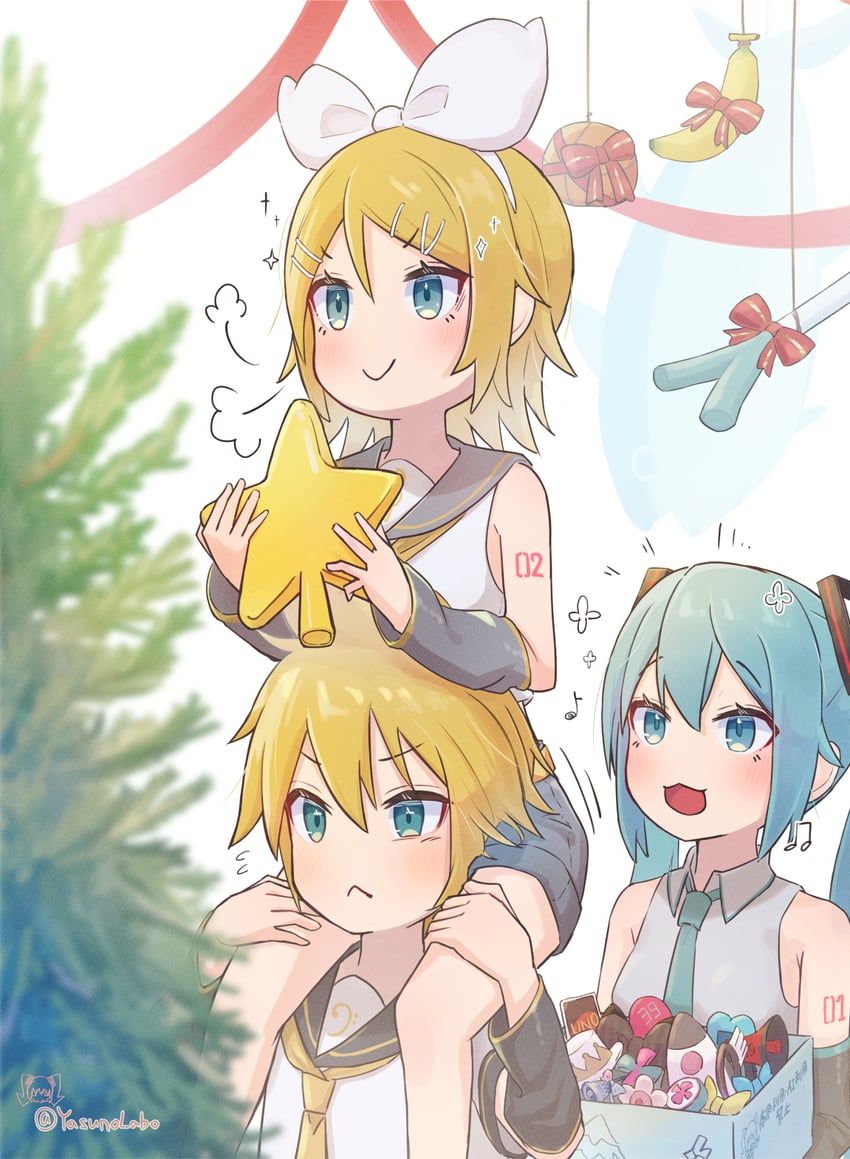 hatsune miku, kagamine rin, kagamine len, and magical mirai miku (vocaloid and 2 more) drawn by yasuno-labo