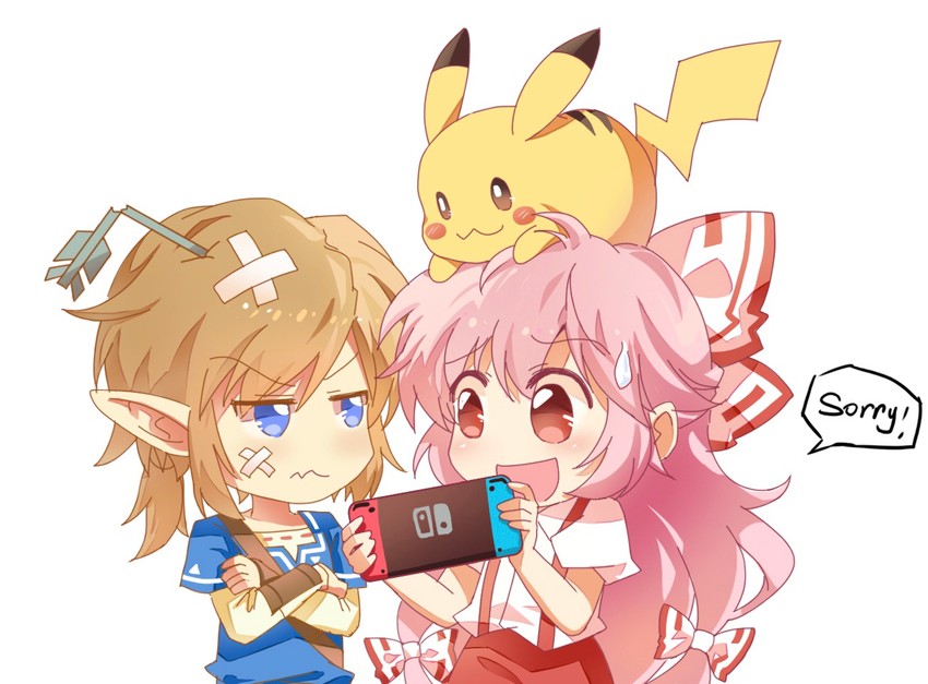 fujiwara no mokou, link, and pikachu (touhou and 2 more) drawn by jokanhiyou