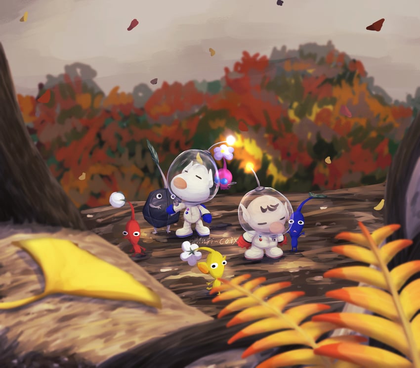 red pikmin, olimar, yellow pikmin, blue pikmin, louie, and 2 more (pikmin) drawn by usuba_(hatomugip)