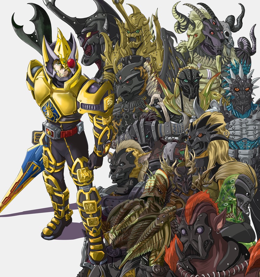 kamen rider blade, kenzaki kazuma, caucasus undead, deer undead, beetle undead, and 10 more (kamen rider and 1 more) drawn by ashi_ura