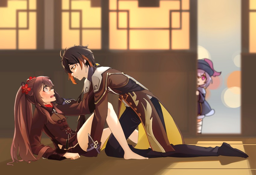 hu tao, zhongli, and qiqi (genshin impact) drawn by 26th