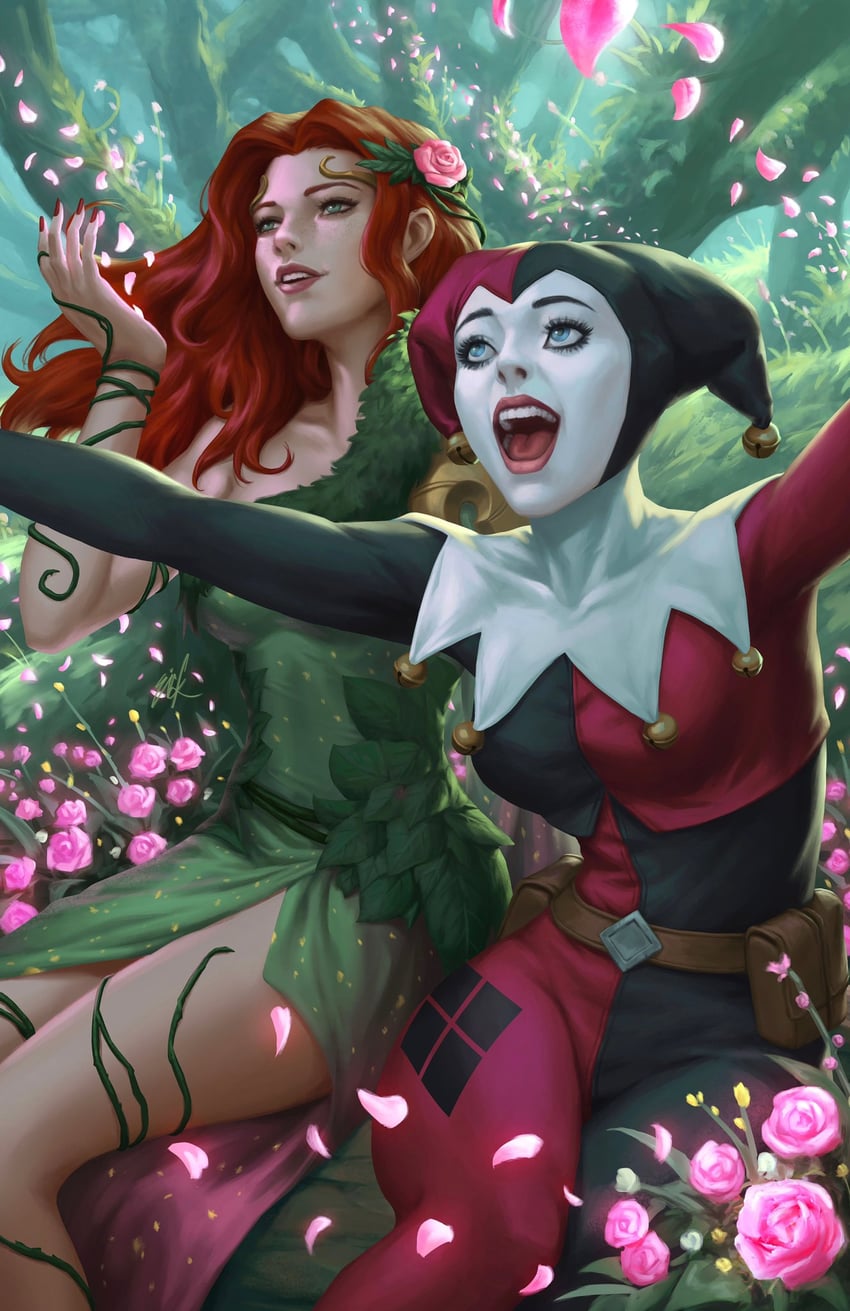 harley quinn and poison ivy (dc comics and 2 more) drawn by ejikure