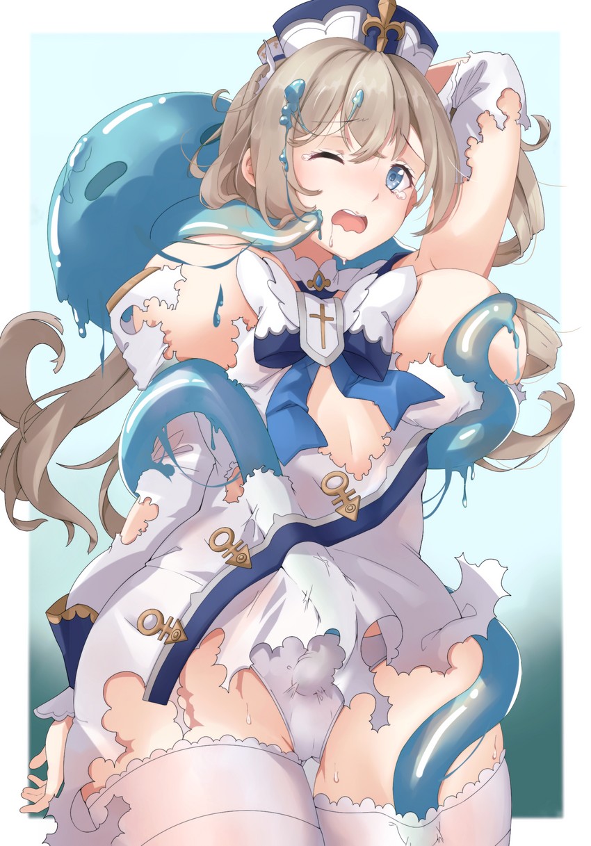 barbara, slime, and hydro slime (genshin impact) drawn by gosledging