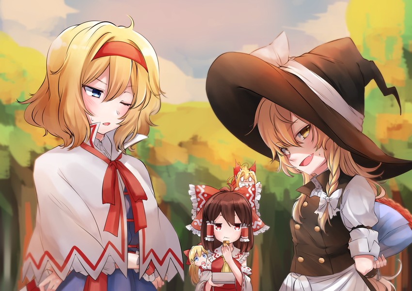 hakurei reimu, kirisame marisa, alice margatroid, shanghai doll, and hourai doll (touhou) drawn by bakaryuu