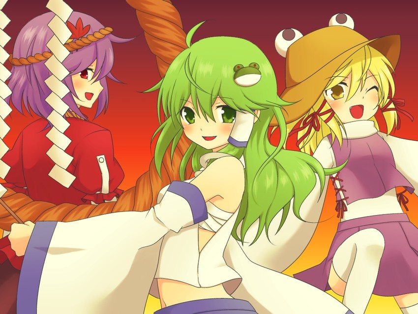 kochiya sanae, moriya suwako, and yasaka kanako (touhou) drawn by yuka_yukiusa