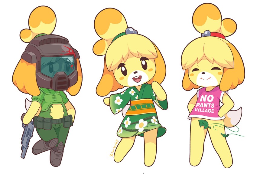 isabelle and doomguy (animal crossing and 1 more) drawn by starbirbz