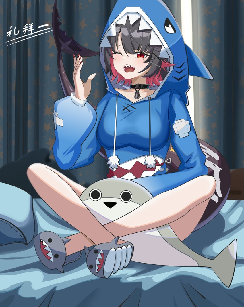 gawr gura and ellen joe (hololive and 2 more) drawn by leishi89082