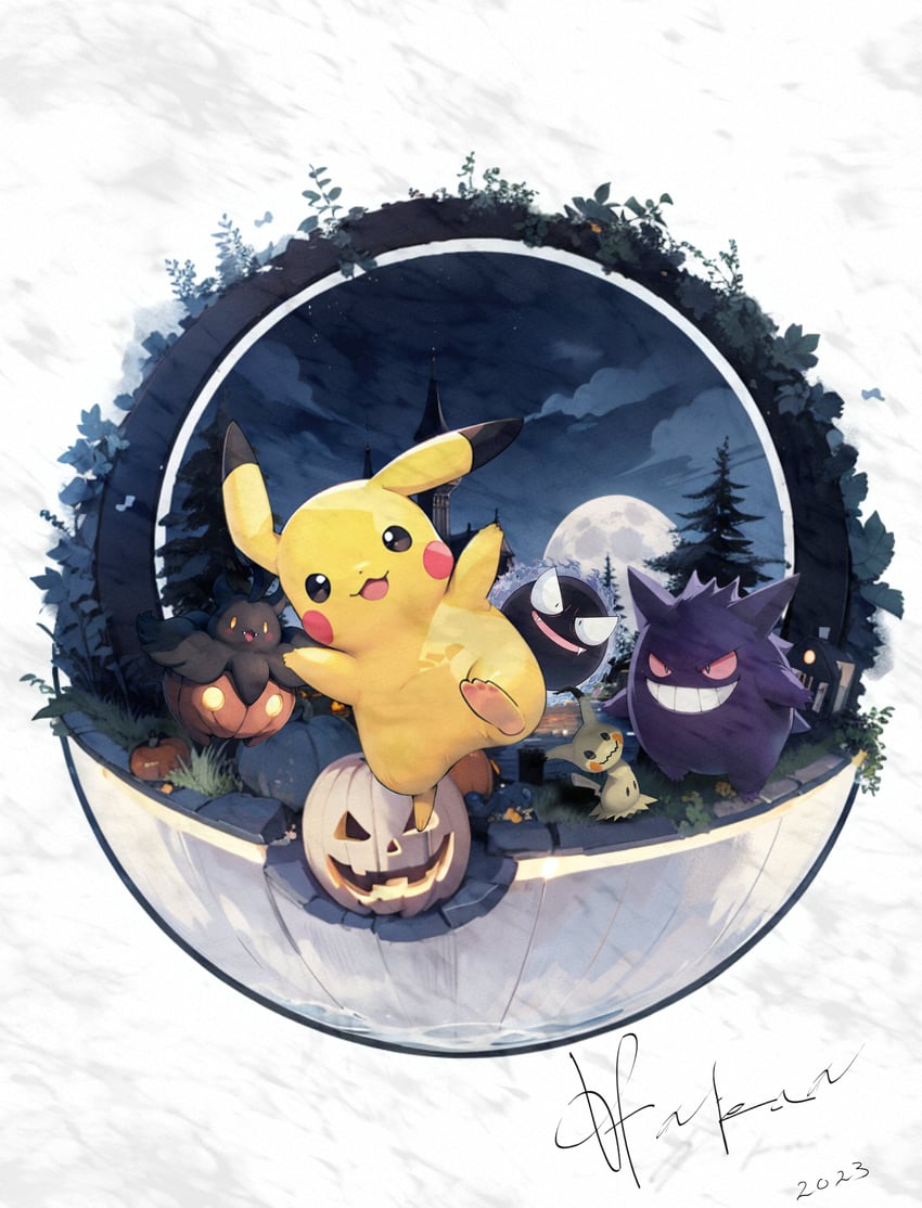 pikachu, gengar, mimikyu, gastly, and pumpkaboo (pokemon) drawn by hatenachan