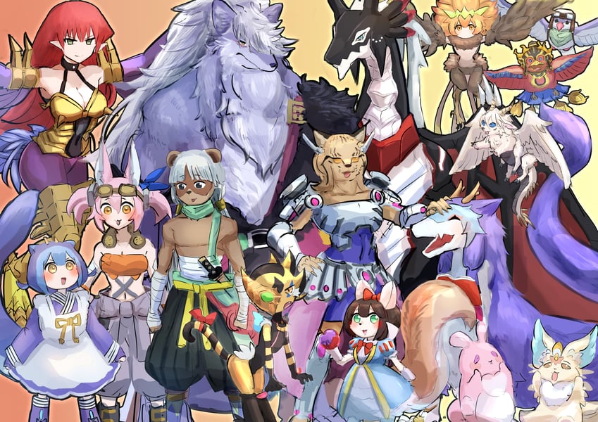 laundry dragonmaid, house dragonmaid, harpie lady, kitt, tri-brigade kitt, and 14 more (yu-gi-oh!) drawn by hatano_kiyoshi