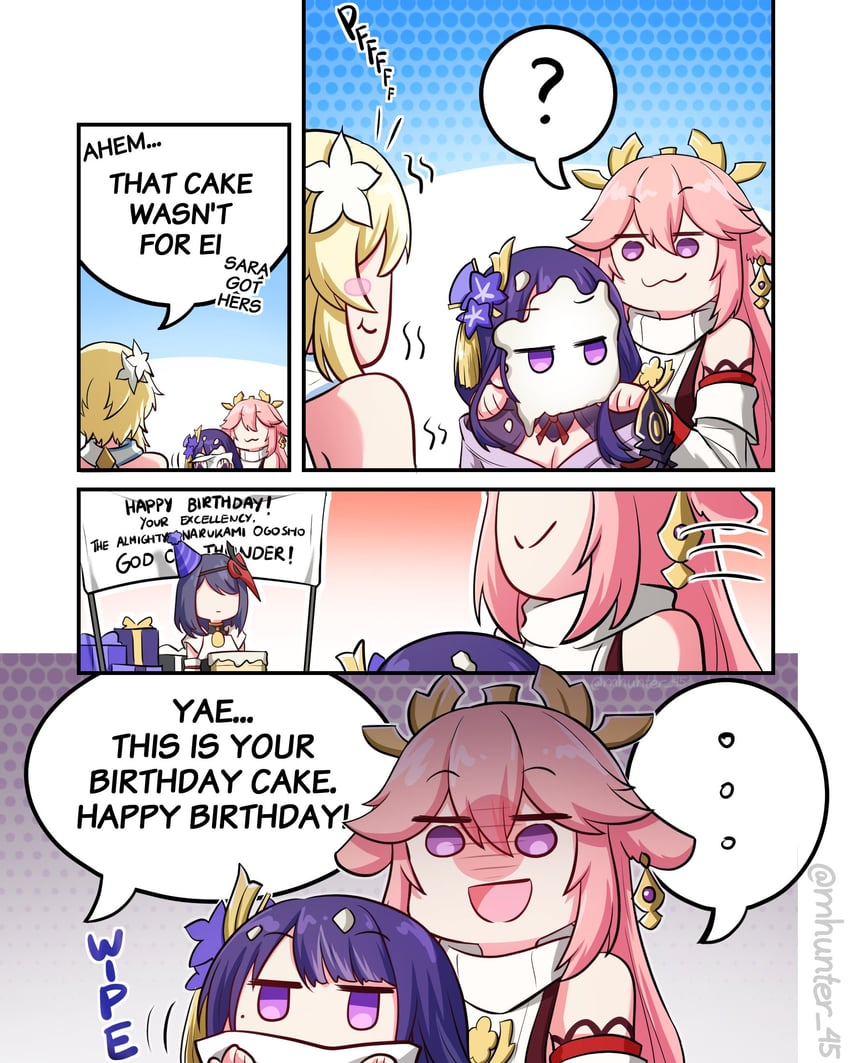 lumine, raiden shogun, yae miko, and kujou sara (genshin impact) drawn by mhunter_45