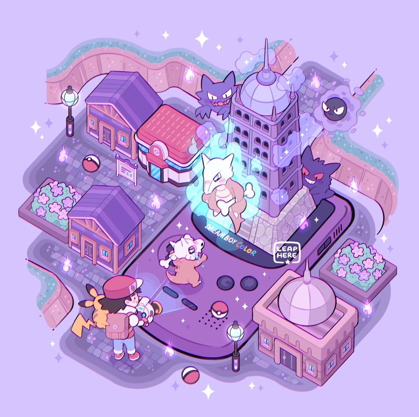 pikachu, red, gengar, gastly, haunter, and 2 more (pokemon and 1 more) drawn by leaphere