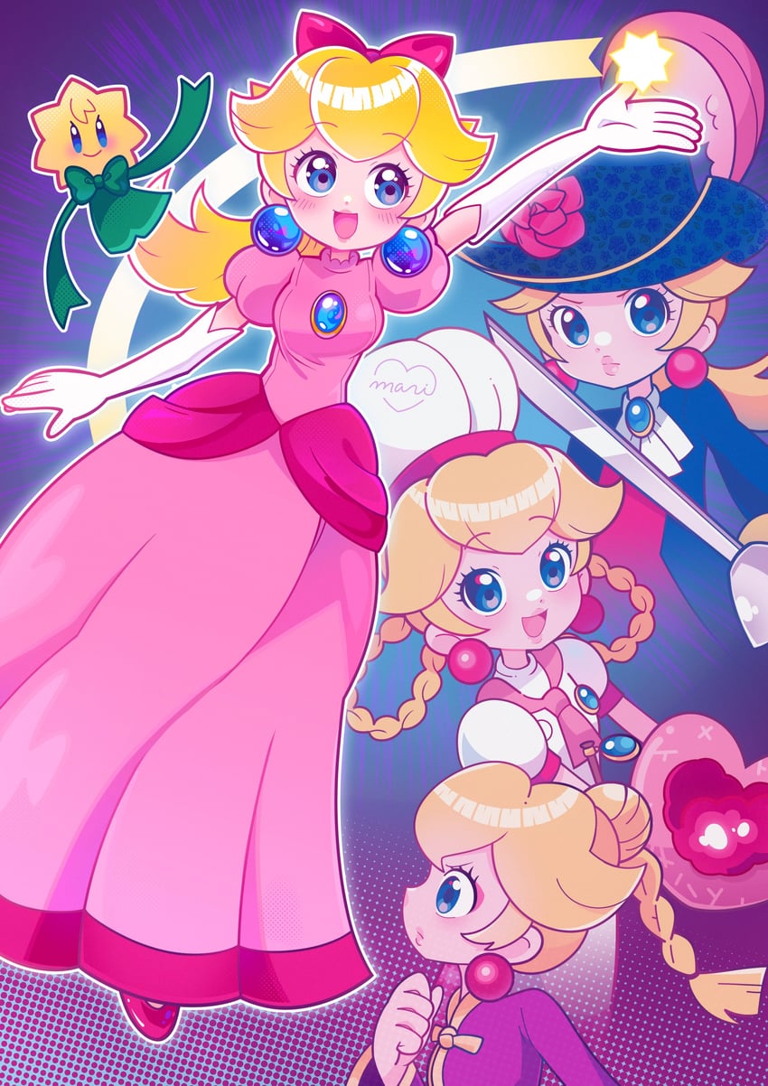 princess peach, swordfighter peach, stella, patissiere peach, and kung fu peach (mario and 1 more) drawn by marikyuunn