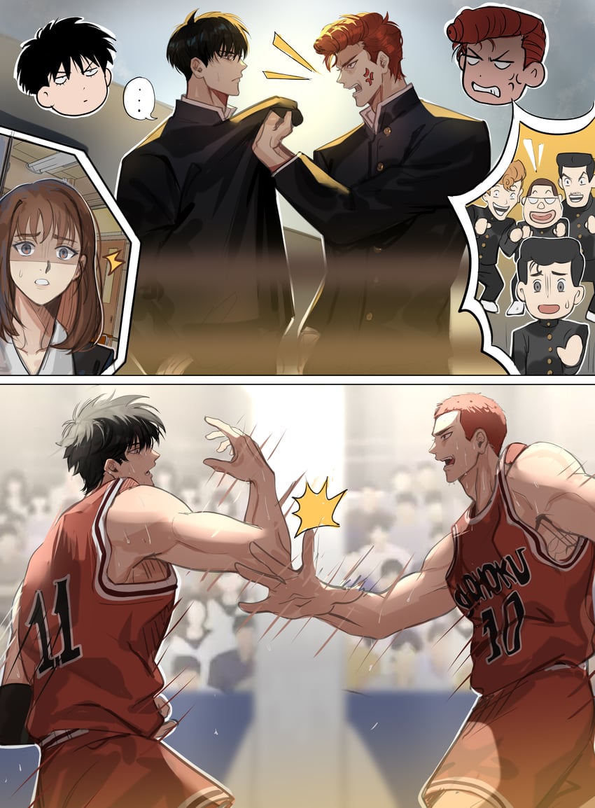 sakuragi hanamichi, rukawa kaede, mito youhei, akagi haruko, ookusu yuuji, and 2 more (slam dunk) drawn by haze_(ha_ze)