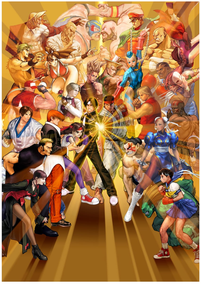 chun-li, cammy white, shiranui mai, kasugano sakura, ken masters, and 22 more (street fighter and 5 more) drawn by bengus, dai-chan, edaki_shin'ya, harumaru, hiroaki_(kof), ikeno_daigo, kita_senri, mera_jin, mori_toshiaki, nishimura_kinu, senno_aki, and yasuda_akira