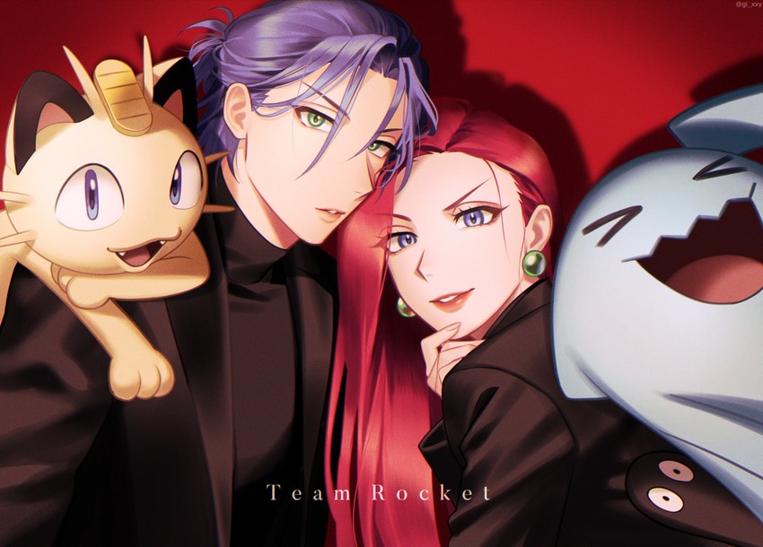 jessie, james, meowth, and wobbuffet (pokemon) drawn by ruru_(gi_xxy)