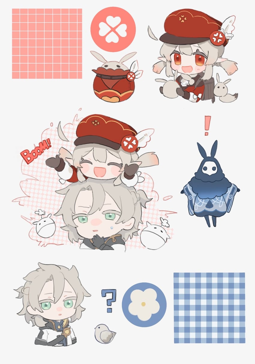 klee, dodoco, albedo, jumpy dumpty, and abyss mage (genshin impact) drawn by mono_02