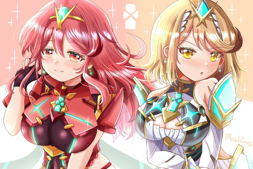 pyra and mythra (xenoblade chronicles and 1 more) drawn by amahime_kaichou