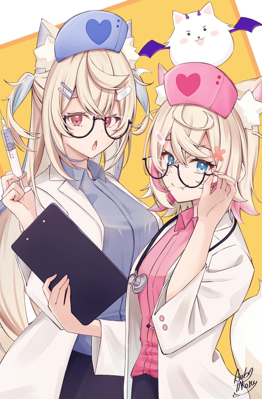 fuwawa abyssgard, mococo abyssgard, and perroccino (hololive and 1 more) drawn by aoba_takeru