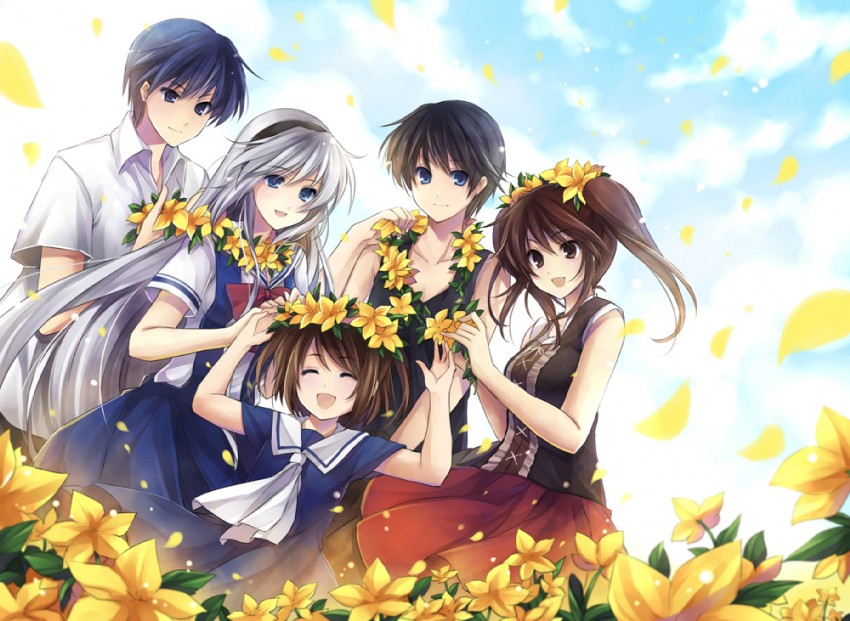 sakagami tomoyo, okazaki tomoya, kanako, mishima tomo, and sakagami takafumi (clannad and 1 more) drawn by hagiwara_rin