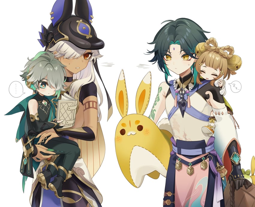 xiao, alhaitham, cyno, yaoyao, and yuegui (genshin impact) drawn by harochan