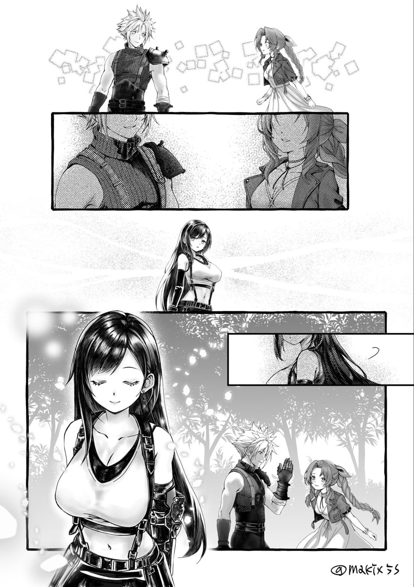 tifa lockhart, cloud strife, and aerith gainsborough (final fantasy and 3 more) drawn by makix5s