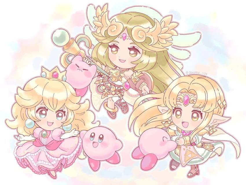 princess zelda, kirby, princess peach, and palutena (the legend of zelda and 6 more) drawn by suruga_kanade