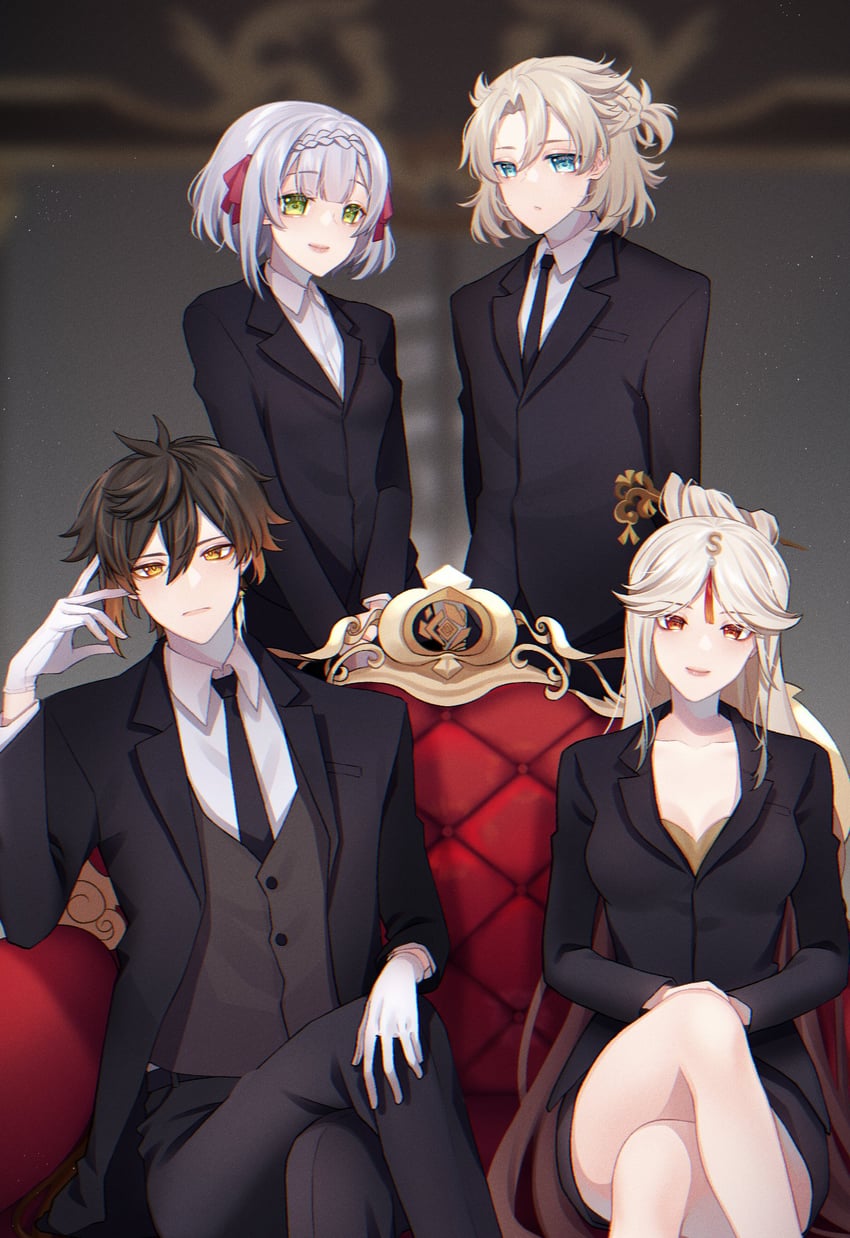 zhongli, ningguang, albedo, and noelle (genshin impact) drawn by cofyrin