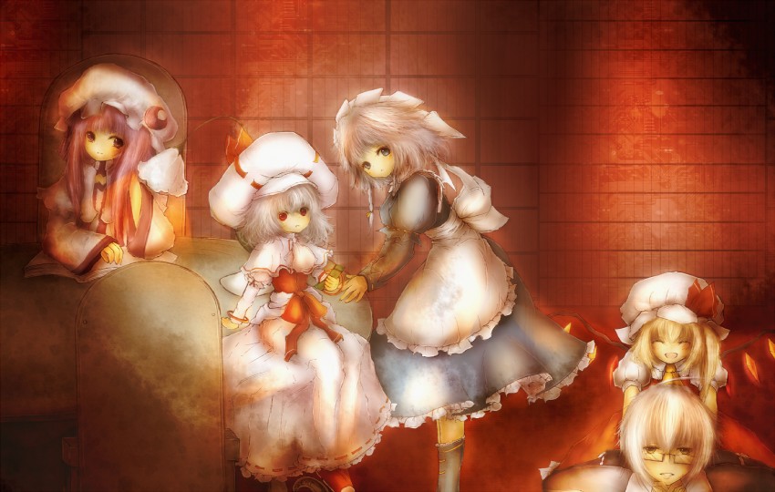 remilia scarlet, flandre scarlet, izayoi sakuya, patchouli knowledge, and morichika rinnosuke (touhou) drawn by amano_jack