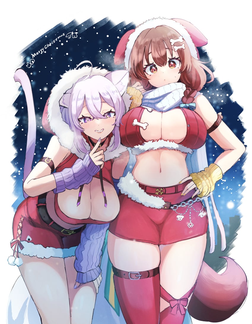 nekomata okayu and inugami korone (hololive) drawn by kamiya_zuzu
