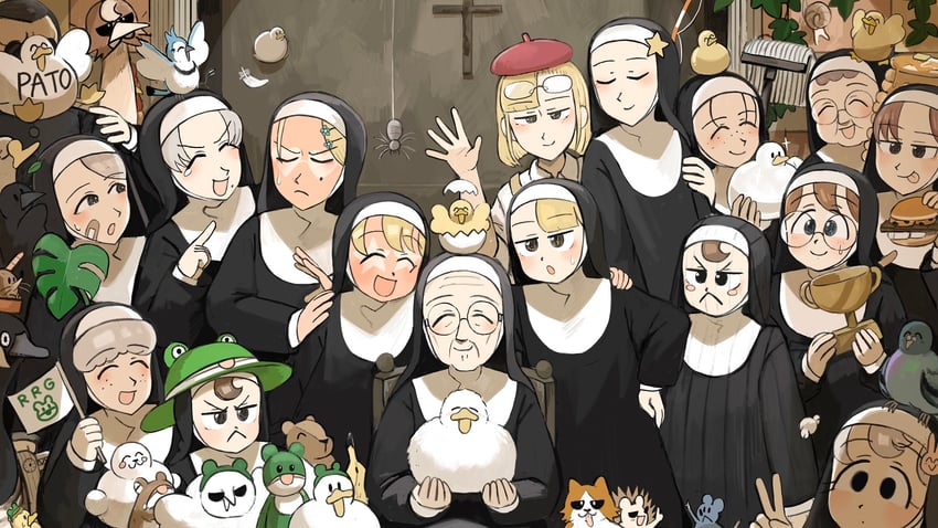 clumsy nun, froggy nun, spicy nun, strict nun, sheep nun, and 11 more (little nuns) drawn by diva_(hyxpk)