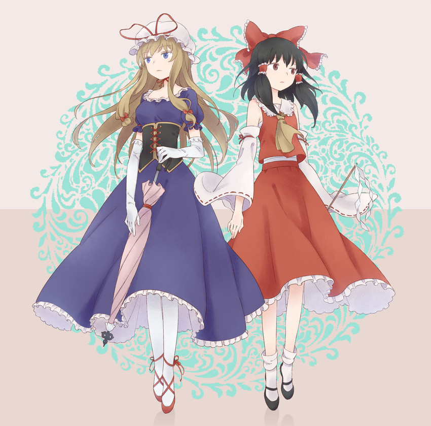 hakurei reimu and yakumo yukari (touhou) drawn by muji_(uimss)