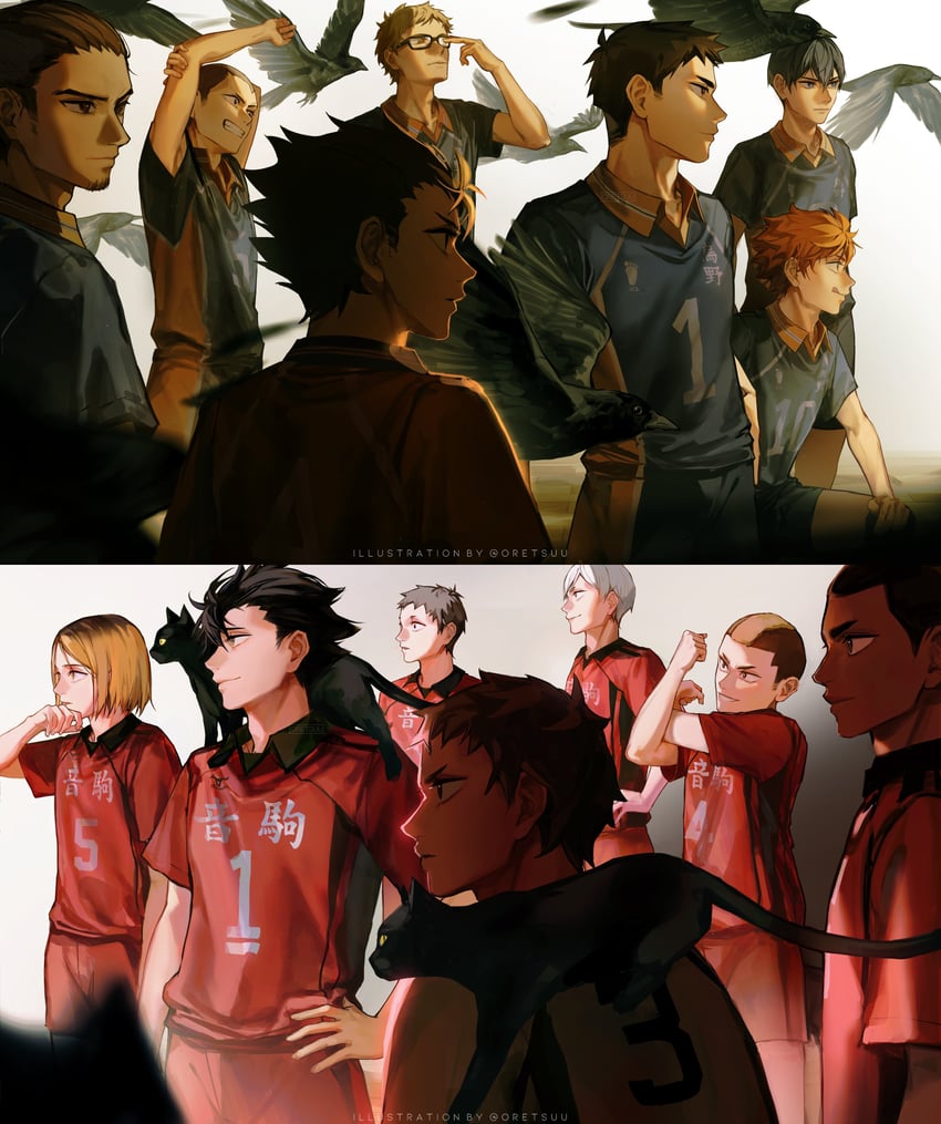 hinata shouyou, kuroo tetsurou, kozume kenma, kageyama tobio, sawamura daichi, and 8 more (haikyuu!!) drawn by oretsuu