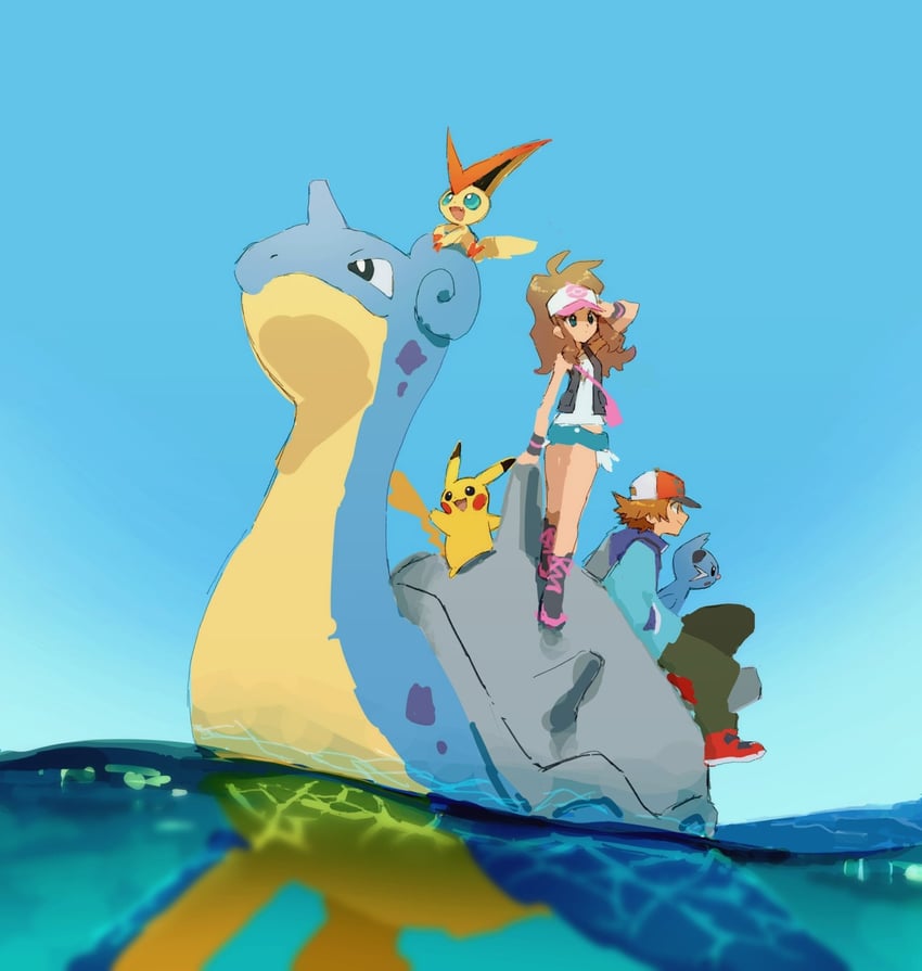 pikachu, hilda, hilbert, lapras, victini, and 1 more (pokemon and 1 more) drawn by nyagiratwist