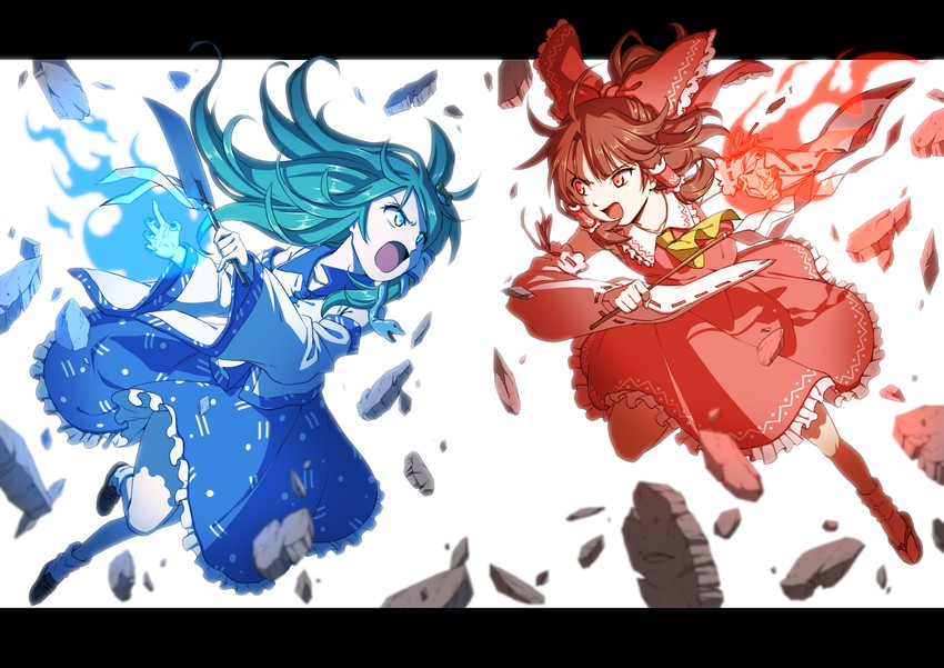 hakurei reimu and kochiya sanae (touhou) drawn by inuno_rakugaki