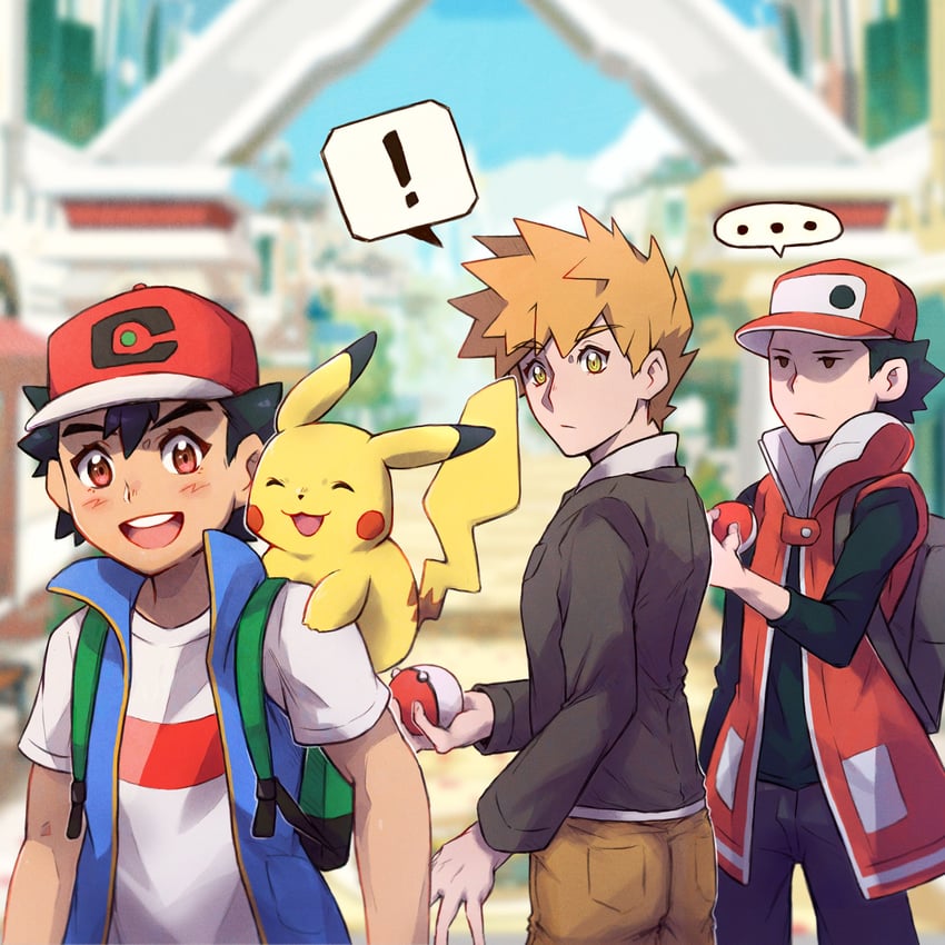 pikachu, ash ketchum, red, and blue oak (pokemon and 3 more) drawn by 7repose