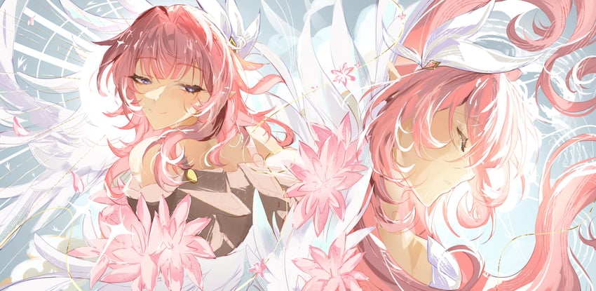 elysia, cyrene, inoue marina, and yanning (honkai and 2 more) drawn by oversaltedcat