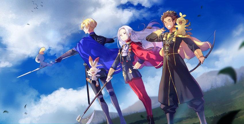 edelgard von hresvelg, dimitri alexandre blaiddyd, scorbunny, sobble, claude von riegan, and 1 more (pokemon and 2 more) drawn by tuze111