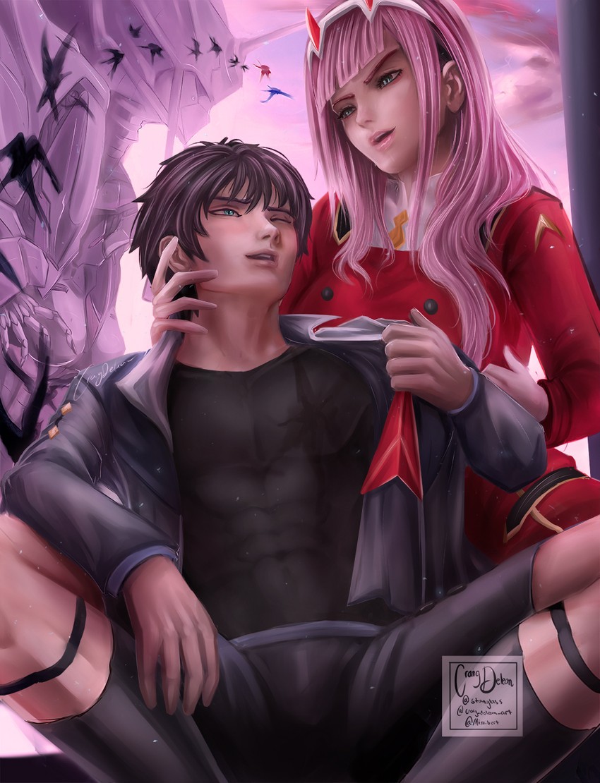zero two, hiro, and strelizia (darling in the franxx) drawn by mimibert