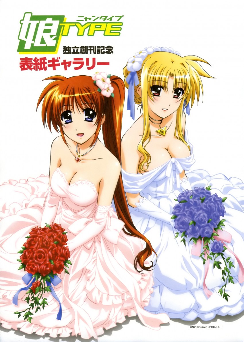 fate testarossa, takamachi nanoha, raising heart, and bardiche (lyrical nanoha and 1 more) drawn by okuda_yasuhiro