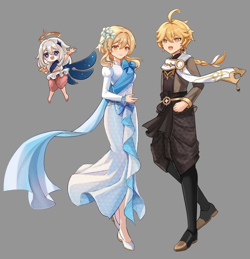 lumine, aether, and paimon (genshin impact) drawn by pun-rii