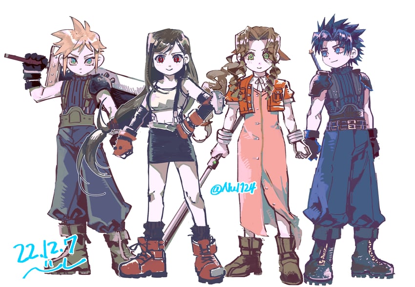 tifa lockhart, cloud strife, aerith gainsborough, and zack fair (final fantasy and 1 more) drawn by nul