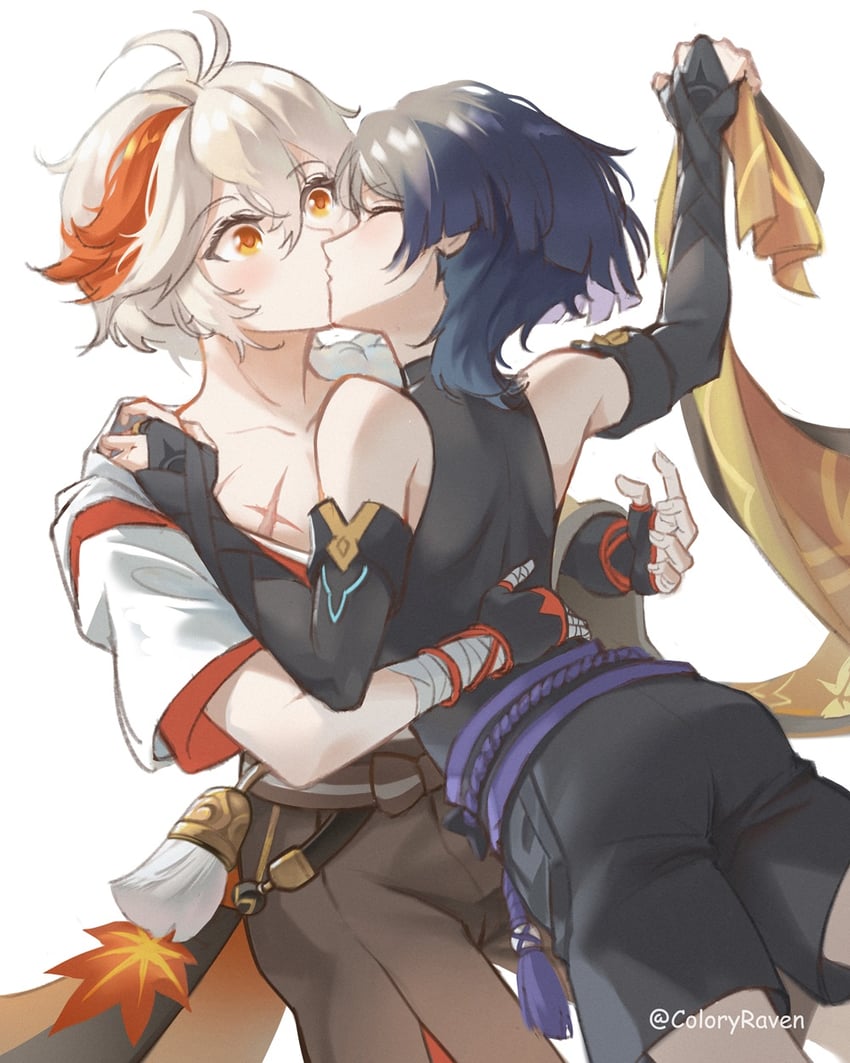 scaramouche, wanderer, and kaedehara kazuha (genshin impact) drawn by coloryraven