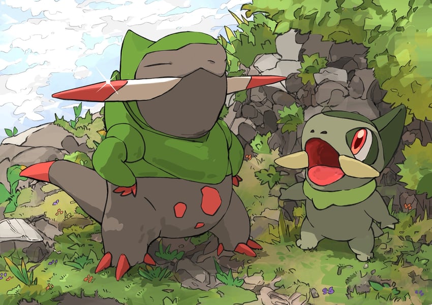 axew and fraxure (pokemon) drawn by aomon_(yuuji7604)